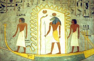 Altes Ägypten, Wandmalerei/-schnitzerei, Grab von Ramses I., Theben, Barke von Amon Ra wird durch die Unterwelt gezogen (Foto) von School Egyptian