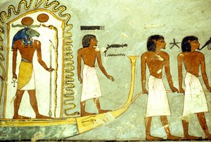 Altes Ägypten, Wandmalerei, Reise durch die Unterwelt, Boot von Männern gezogen, Grab von Ramses I., Theben