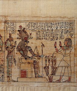 Altägyptische Kunst: Mythologischer Papyrus von Serimen. Serimen im Gebet vor dem Gott Ptah-Sokar-Osiris, gefolgt von Isis. Manuskript der 21. Dynastie (ca. 1069-945 v. Chr.), Dritte Zwischenzeit (ca. 1069-664 v. Chr.) von School Egyptian