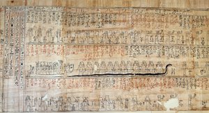Ägyptische Antike: Papyrus aus dem Buch der geheimen Häuser. Dieses Buch ist eine kommentierte Darstellung der unterirdischen Reise der Sonne während der zwölf Stunden der Nacht. Zuerst an den Wänden der königlichen Gräber gezeichnet, wurde es dann auf Pap