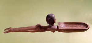 Ägyptische Antike: Holzlöffel für Kosmetik, genannt ein nackter Schwimmer, der eine Ente hält. 18. Dynastie, Neues Reich. Paris, Louvre Museum