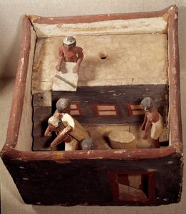 Ägyptische Antiquitäten: Dachbodenmodell mit Schreibern, die den Getreidepreis aufzeichnen. Aus bemaltem Holz. 12. Dynastie, Mittleres Reich (2033-1710 v. Chr.). Aus Assiut. Louvre Museum, Paris