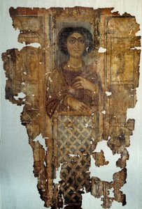 Ägyptische Antiquität: bemaltes und vergoldetes Leinentuch einer Frau aus Antino. 4. Jahrhundert n. Chr. Paris, Louvre Museum