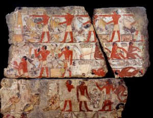 Ägyptische Antike: Malerei der Mastaba von Metchetchi. Szene des täglichen Lebens (Jagd, Fischfang, Opfer) in Ägypten zur Zeit der 6. Dynastie