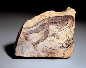 Ostrakon-Figur: Affe spielt Doppelflöte (Aulos), um einen Mann zum Tanzen zu bringen. Vom Fundort Deir el-Medineh (Kalkstein, ca. 1295-1186 v. Chr.)
