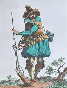 Deutscher Soldat des frühen 17. Jahrhunderts, bewaffnet mit einer Luntenschlossmuskete