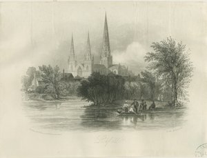 Lichfield Cathedral - Südwestansicht: Gravur (vignettierte), nd [ca. 1842] (Druck) von School English