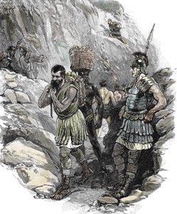 Römischer Legionär überwacht angelsächsische Arbeiter in einer Zinnmine, England 50 n. Chr. von School English