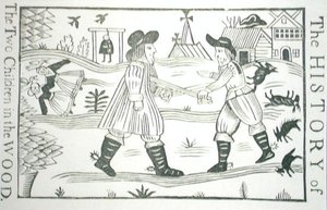 Die Geschichte der zwei Kinder im Wald, aus einer Sammlung von Chapbooks über Esoterik, 14.-17. Jahrhundert (Holzschnitt)