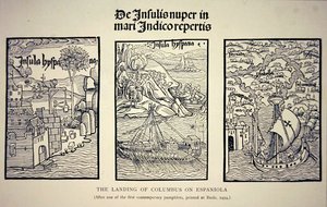 Die Landung von Kolumbus auf Hispaniola, nach einem zeitgenössischen Pamphlet, veröffentlicht in Basel im Jahr 1494