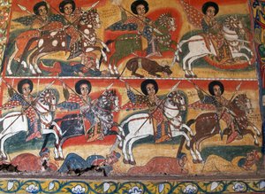 Ritter mit Lanzen, Gemälde im Ura Kidane Meret Kloster (17. Jahrhundert), Greater Bahar Dar, Zege-Halbinsel, Äthiopien (Detail) von School Ethiopian