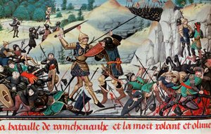 Tod des Ritters Roland, Neffe Karls des Großen, in der Schlacht von Roncevaux (778) zwischen der Armee Karls des Großen und den Sarazenen. Miniatur. Paris B.N.