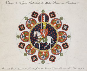 Zeichnung des Rosenfensters in Chartres: Simon de Montfort (Farblithografie) von School French
