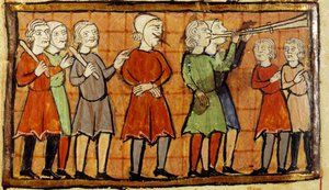 Falscher Zeuge mit durchbohrter Zunge verurteilt, durch die Straßen der Stadt zu wandern, begleitet von Miniaturtrompetenspielern aus dem Manuskript von Citeaux. Angers, Stadtbibliothek von School French