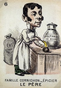 Spiel der sieben Familien: Der Vater der Familie Cornichon bereitet Dijon-Senf zu. Musée de la Carte à Jouer, Issy-les-Moulineaux