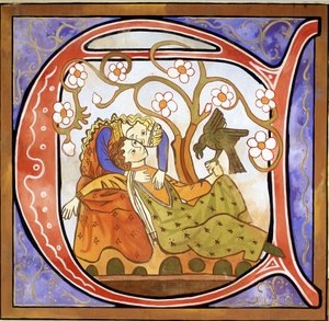 Bewohnte Initiale A, die einen Troubadour darstellt