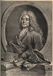 Porträt von Nicolas de Largillierre (1656-1746), französischer Maler, Gravur von Dupuis nach dem Gemälde von Gueuslain von School French