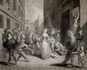Terror (1793-1794): Italienische Komödianten werden aus Paris vertrieben. Gravur
