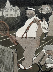 Tennis: dicker Mann, rauchend und Alkohol trinkend, spielt Tennis - deutsche Karikatur von School German