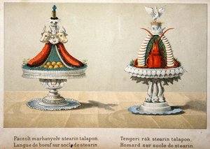 Design für die Präsentation von Ochsenzungen auf einem Bett aus Stearin und für Hummer, Illustration aus einem ungarischen Kochbuch über französische Küche, ca. 1880