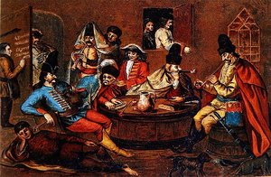 Rebellensoldaten von Prinz Ferenc Rakoczi II. entspannen mit Gefährten