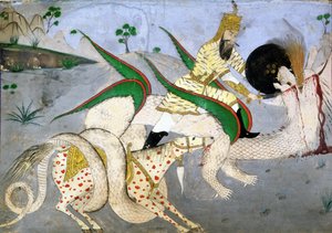 Ein berittener Krieger greift einen Drachen an, Illustration aus einem Buch über indische Mystiker von School Indian