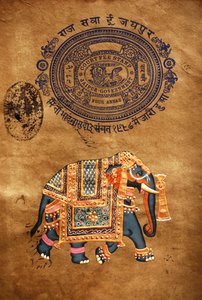 Elefant, handgemalte Malerei & altes Stempelpapier, Jaipur, Rajasthan, Indien