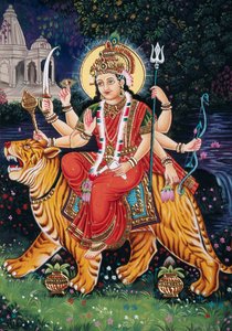 Göttin Durga Miniaturmalerei auf Papier mit Stickerei von School Indian