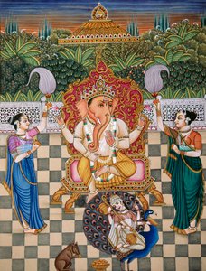 Lord Ganesh Ganpati Riddhi und Siddhi Miniaturmalerei auf Papier von School Indian