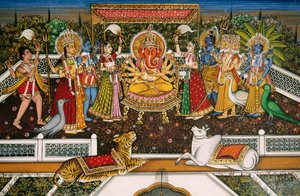 Lord Ganesh mit Brahma, Vishnu, Shiva, Durga, Miniaturmalerei auf Papier von School Indian
