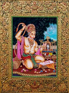 Lord Hanuman Miniaturmalerei auf Papier mit Goldprägung von School Indian