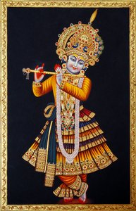Herr Krishna spielt Flöte Miniaturmalerei auf Papier von School Indian