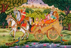 Lord Krishna mit Radha Miniaturmalerei auf Papier von School Indian