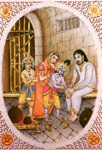 Miniatur-Elfenbeinmalerei von Krishna Balram und Devaki Vasudeva von School Indian