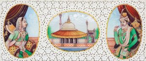 Miniaturmalerei des Mogulkaisers Humayun mit Ehefrau Jhanvi von School Indian