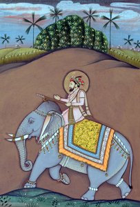 Miniaturmalerei des Mogulkaisers Shah Jahan auf einem Elefanten sitzend von School Indian