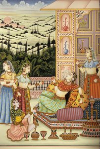 Miniaturmalerei einer Mughal-Dame, die ein Getränk genießt, Indien