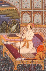 Miniaturmalerei eines Mogulprinzen, der Hooka genießt, Indien von School Indian