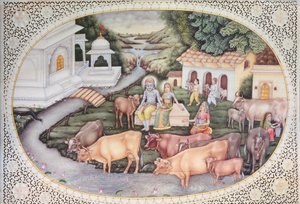 Miniatur von Krishna, eine Milchmagd sitzt auf einem Feld mit Vieh