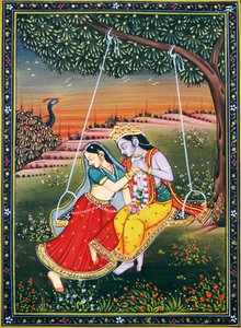 Radha Krishna genießen Jhoola Miniaturmalerei auf Papier