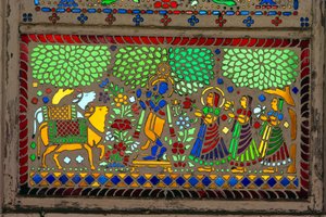 Radha Krishna mit Sakhi auf Buntglas