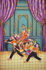 Radha Krishna mit Sakhis Miniaturmalerei auf Papier von School Indian