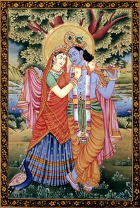 Radha und Krishna Liebesszene Miniaturmalerei auf Papier von School Indian