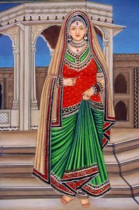 Rajasthani-Dame beim Treffen, Miniaturmalerei auf Papier von School Indian