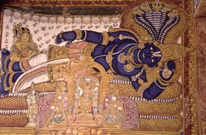Wandmalerei des Gottes Vishnu, der auf einer Schlange ruht