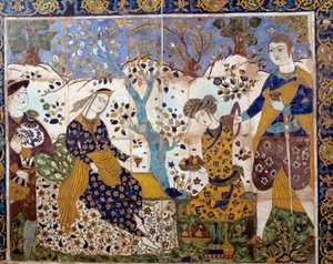 Iranische Kunst: Detail eines Azulejo, das einen portugiesischen Missionar unter den Persern darstellt von School Iranian