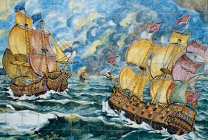 Keramiktafel, die zwei Segelschiffe darstellt, Produktion von Vietri sul Mare, Detail