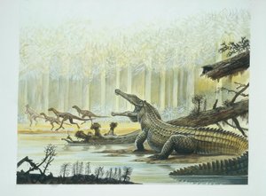 Rutiodon mit Fabrosaurus im Hintergrund, Trias-Periode von School Italian