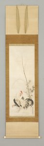 Kakemono, Hahn und Henne mit Blumen von Japanese School