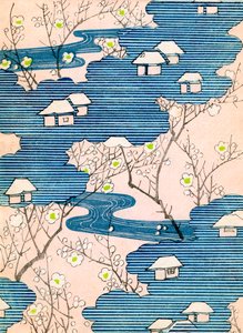 Muster für ein Kimonodesign: Hütten mit Flüssen und Kirschblüten, ca. 1900